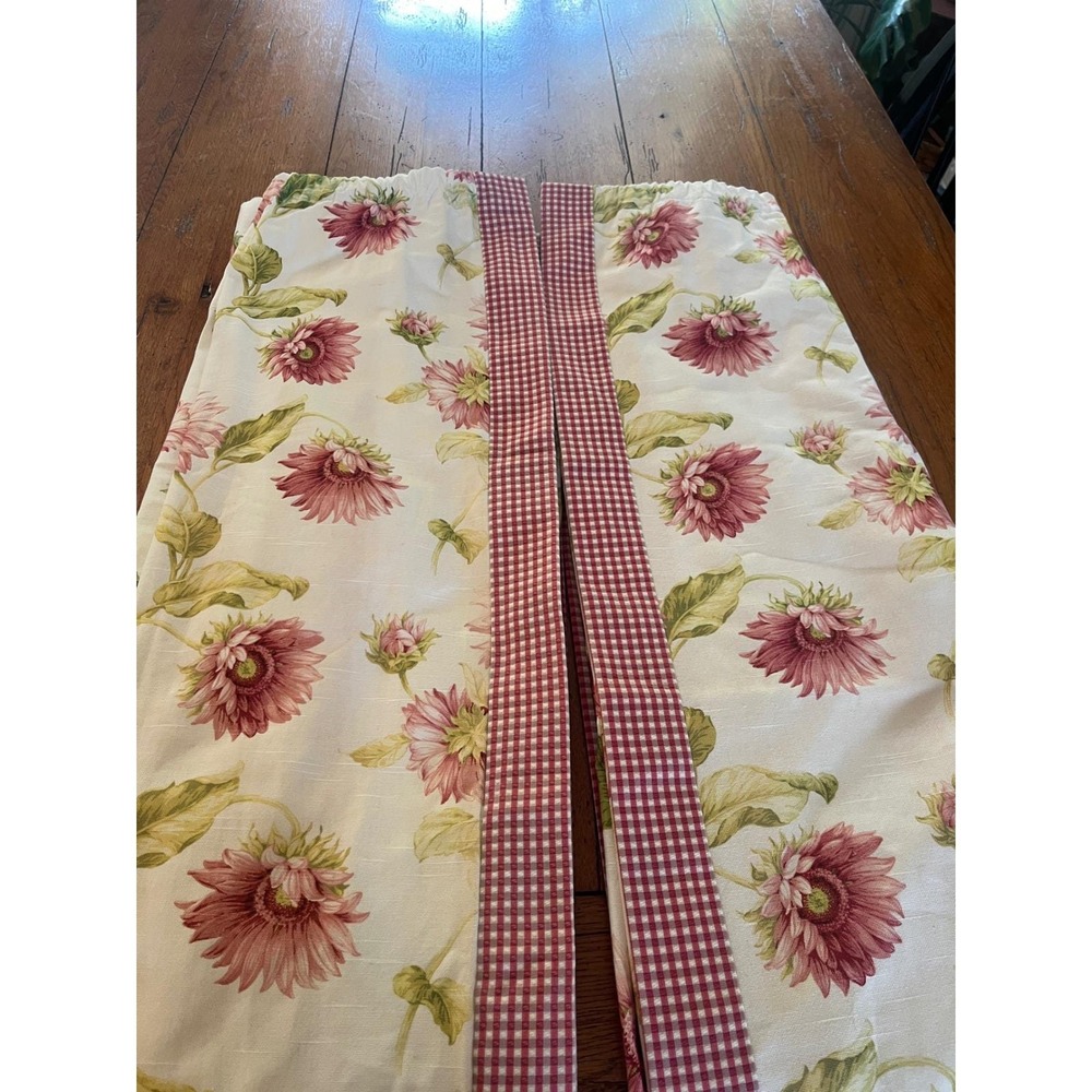 Vintage Floral Drapery Panels Lined Pink Daisy Gingham Pair 82 x 49